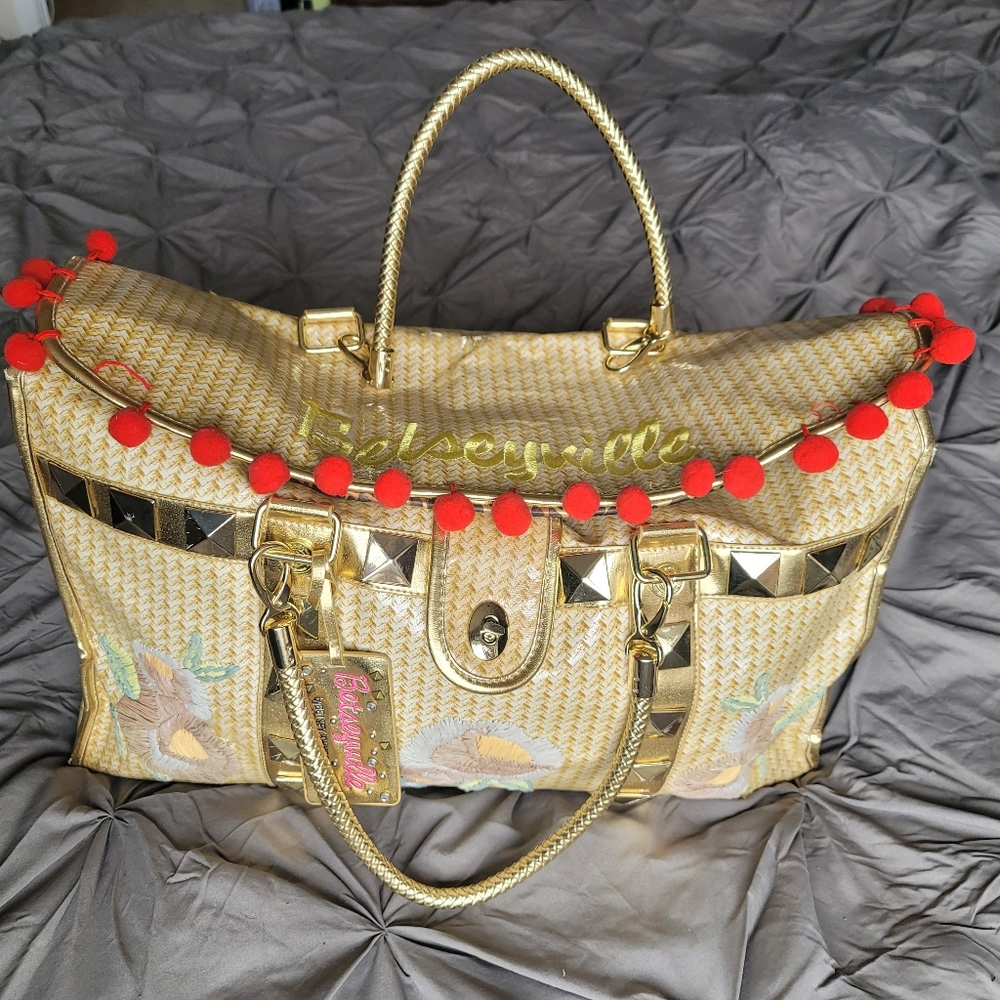 Betseyville by Betsey Johnson Faux wicker with Red Pom Poms and Gold Studs